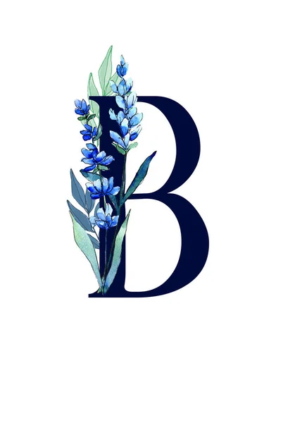 Bloemen monogram (letter) - versierd met blauwe lavendel en bladeren, aquarel — Stockfoto