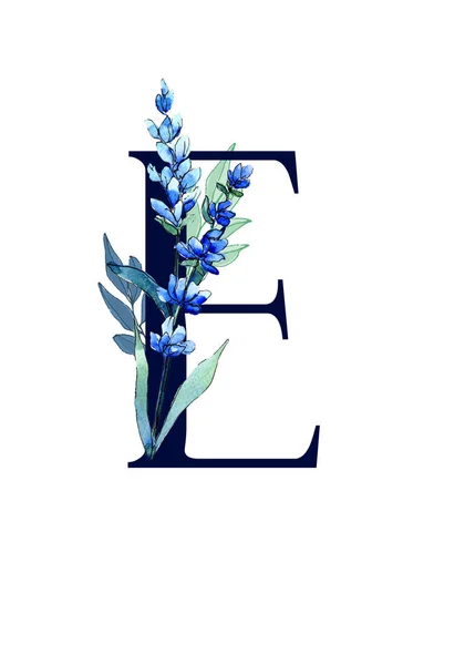 Blumenmonogramm (Buchstabe) - verziert mit blauem Lavendel und Blättern, Aquarell — Stockfoto