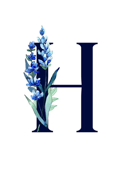 Blommigt monogram (brev) - dekorerad med blå lavendel och blad, akvarell — Stockfoto