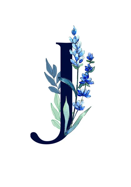 Цветочная монограмма (буква) - украшена голубой лавандой и листьями, акварелью — стоковое фото