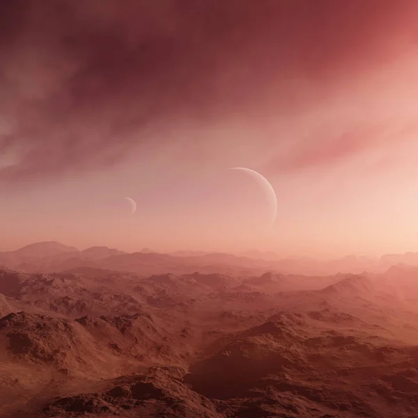 Рендеринг Space Art Alien Planet Фантастичний Пейзаж Червоним Небом — стокове фото