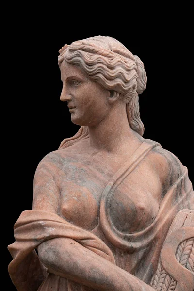 Klei Standbeeld Van Een Oude Griekse Godin Geïsoleerd Zwarte Achtergrond — Stockfoto