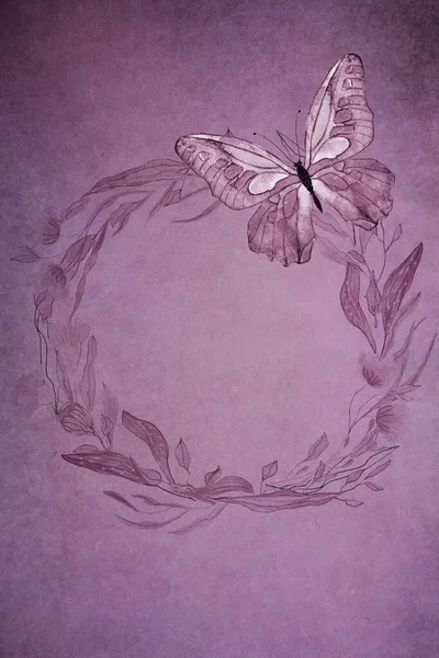 Florale Aquarell Illustration Mit Blättern Blüten Und Schmetterling Auf Mauvefarbenem — Stockfoto