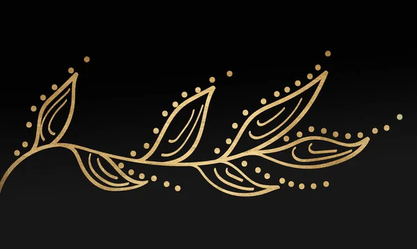 Black minimalistic abstract background. Business presentation, web banner backdrop. Floral swirl elements with golden effect.