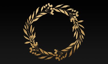 Siyah minimalist soyut arka plan. İş sunumu, web afişi. Altın efektli çiçek sınırı.