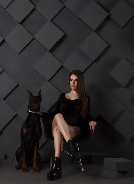 Exy brunette en undewear avec en colère doberman — Photo