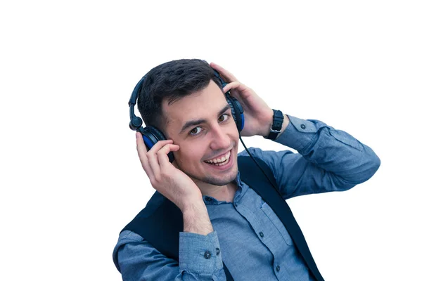 Uomo sorridente impiegato indossando un auricolare — Foto Stock