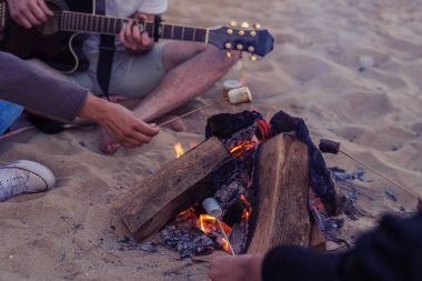 taşlar sahilde oturan arkadaşlar. adam gitar çalıyor.
