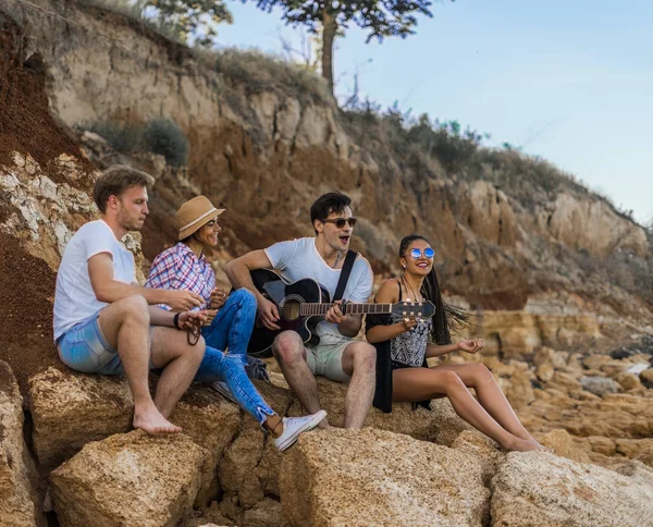 Amigos sentados en piedras en la playa. hombre está tocando la guitarra . — Foto de Stock