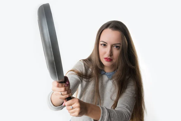 Pretty woman with rage, umbragem, insult on her face and frying pan — Stock Photo, Image