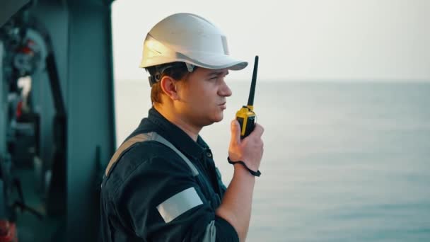 Marine Deck Officer or Chief mate on deck of vessel or ship — Stock Video