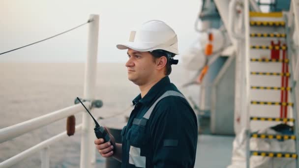 Marine Deck Officer or Chief mate on deck of vessel or ship — Stock Video