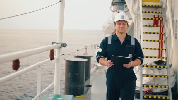 Marine chief officer or chief mate on deck of ship or vessel — Stock Video