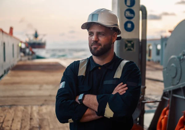 Marine Deck Officer or Chief mate on deck of offshore vessel or ship — Stock Photo, Image