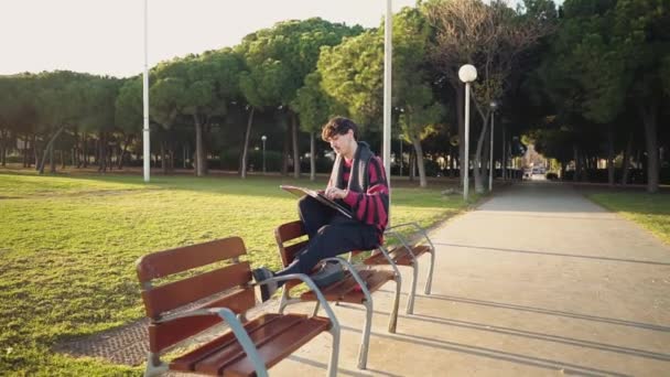 Современный молодой стильный художник рисовал эскизы в парке — стоковое видео