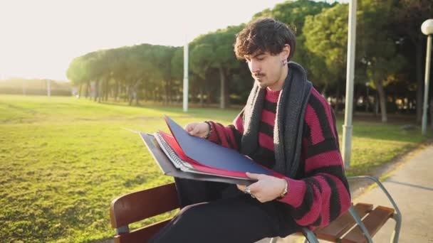 Moderno joven elegante pintor masculino dibujo bocetos en el parque — Vídeo de stock