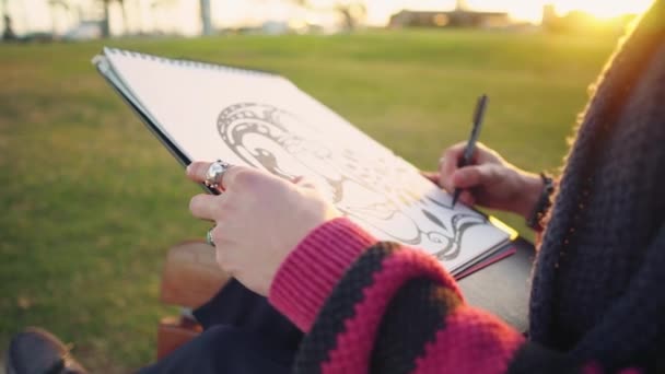 現代の若いスタイリッシュな男性のペイントアーティストは公園でスケッチを描く — ストック動画