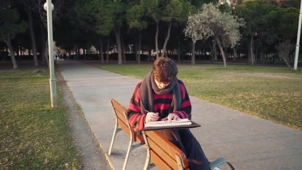 Moderno joven elegante pintor masculino dibujo bocetos en el parque — Vídeo de stock