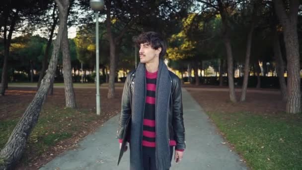 Moderne jeune artiste masculin élégant venant au parc vert pour l'inspiration . — Video