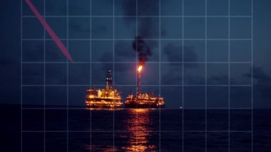 Petrol fiyatları düşüyor. Yağ animasyonunu azalt. Geceleri arka planda petrol platformu ve platform. 