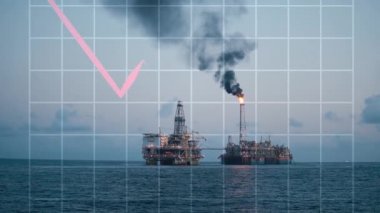 Petrol fiyatları düşüyor. Yağ animasyonunu azalt. Gündüz vakti arka planda petrol platformu ve platform. 