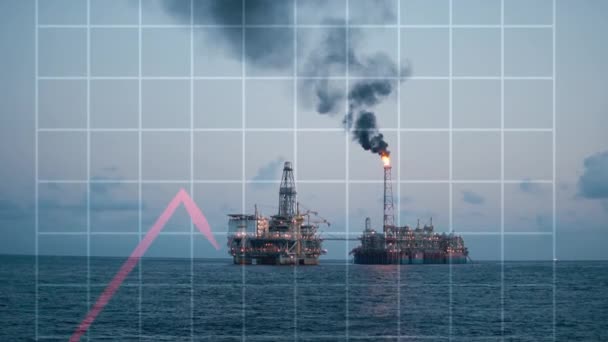 Concept of Oil price grows up. Increase oil animation. Oil rig and platform on background. — Stock Video