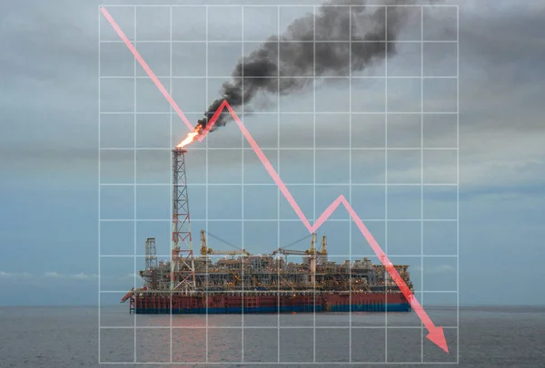 具有下行图形的海上石油工业市场下跌的概念.油价下跌。FPSO油田油轮 — 图库照片
