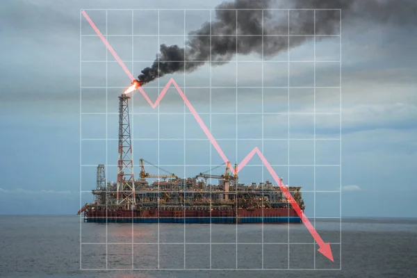 具有下行图形的海上石油工业市场下跌的概念.岸外油田FPSO油轮 — 图库照片