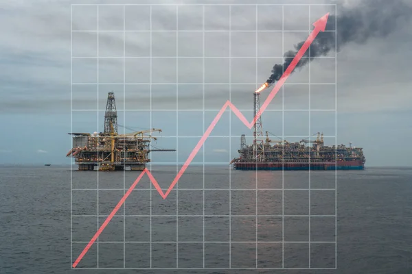 Concept van groei in de offshore mariene industrie met stijgende grafieken. Olieprijsstijgingen. FPSO-tankschip en boorplatform — Stockfoto