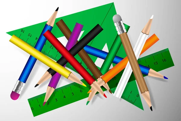 Crayon, crayons de couleur et règle — Image vectorielle