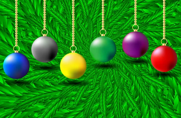 Bolas de Navidad coloridas en agujas verdes — Vector de stock