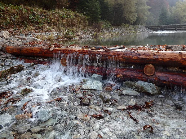 Hölzerner Damm an einem Gebirgsfluss — Stockfoto