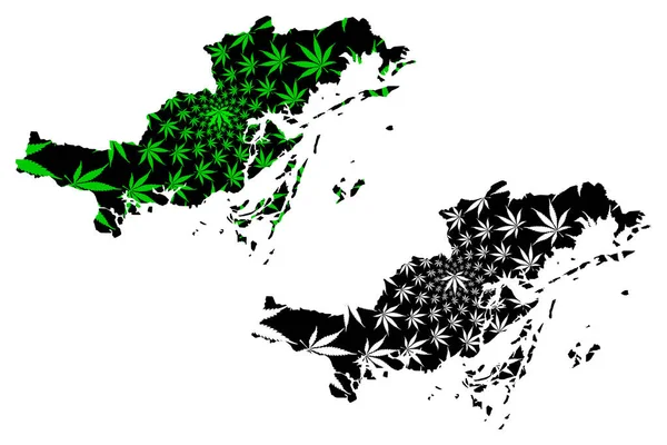 Quang Ninh Province (Socialistische Republiek Vietnam, onderverdelingen van Vietnam) kaart is ontworpen cannabis blad groen en zwart, Tinh Quang Ninh kaart gemaakt van marihuana (marihuana, Thc) foliag — Stockvector