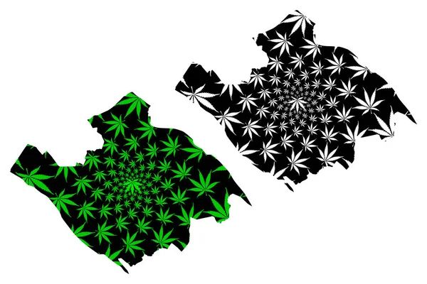 Vinh Long Province (República Socialista de Vietnam, Subdivisiones de Vietnam) map is designed cannabis leaf green and black, Tinh Vinh Long map made of marijuana (marihuana, THC) foliag — Vector de stock