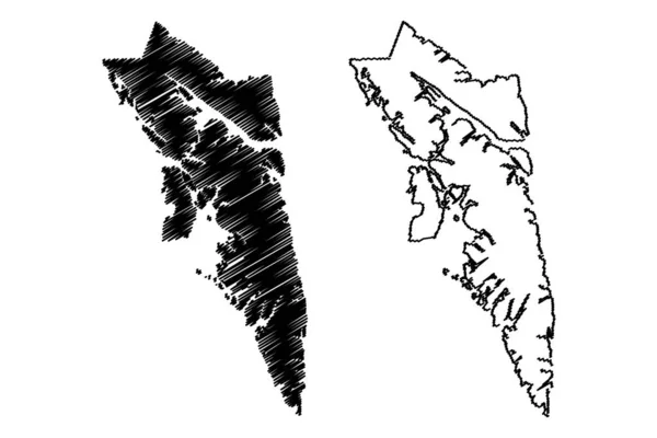 Stad en Borough van Sitka, Alaska (Boroughs and census areas in Alaska, Verenigde Staten van Amerika, Usa, US, Us) kaart vector illustratie, krabbel schets Novo-Arkhangelsk of New Archangel kaart — Stockvector