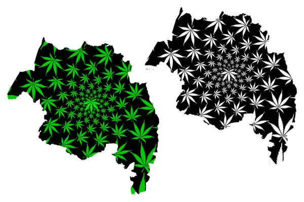 Amhara Region (República Democrática Federal da Etiópia, Chifre da África) mapa é projetado folha de cannabis verde e preto, Amhara State map made of marijuana (marihuana, THC) foliag — Vetor de Stock