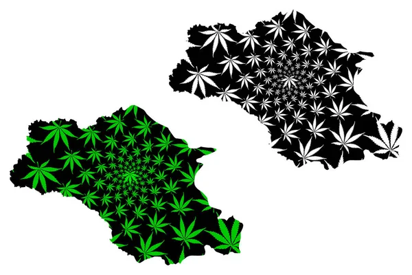 Gambela Region (República Democrática Federal da Etiópia, Chifre da África) mapa é projetado folha de cannabis verde e preto, Gambela Peoples 'Region map made of marijuana (marihuana, THC) foliag — Vetor de Stock