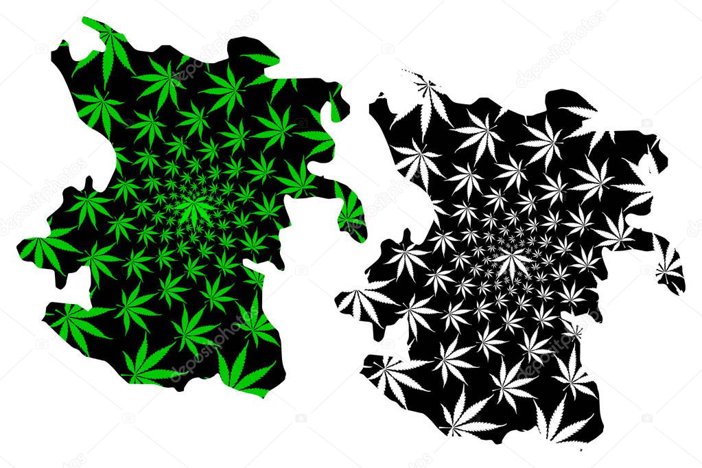 Hamadan Province (Provinces of Iran, Islamic Republic of Iran, Persia) map is designed cannabis leaf green and black, Hamadan map made of marijuana (marihuana,THC) foliag