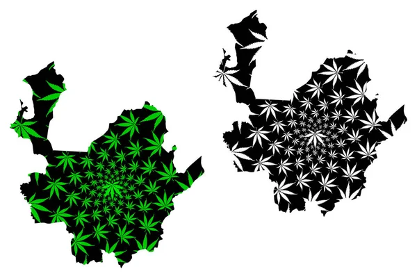 Antioquia Departamento (Colômbia, República da Colômbia, Departamentos da Colômbia) mapa é projetado folha de cannabis verde e preto, mapa de Antioquia feito de maconha (maconha, THC) foliag — Vetor de Stock