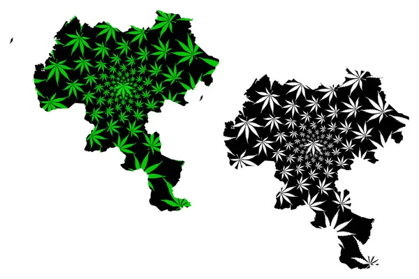 Mappa del Dipartimento di Cauca (Colombia, Repubblica della Colombia, Dipartimenti della Colombia) è stata progettata una mappa di foglie di cannabis verde e nera, una mappa di Cauca fatta di foglie di marijuana (marijuana, THC) — Vettoriale Stock