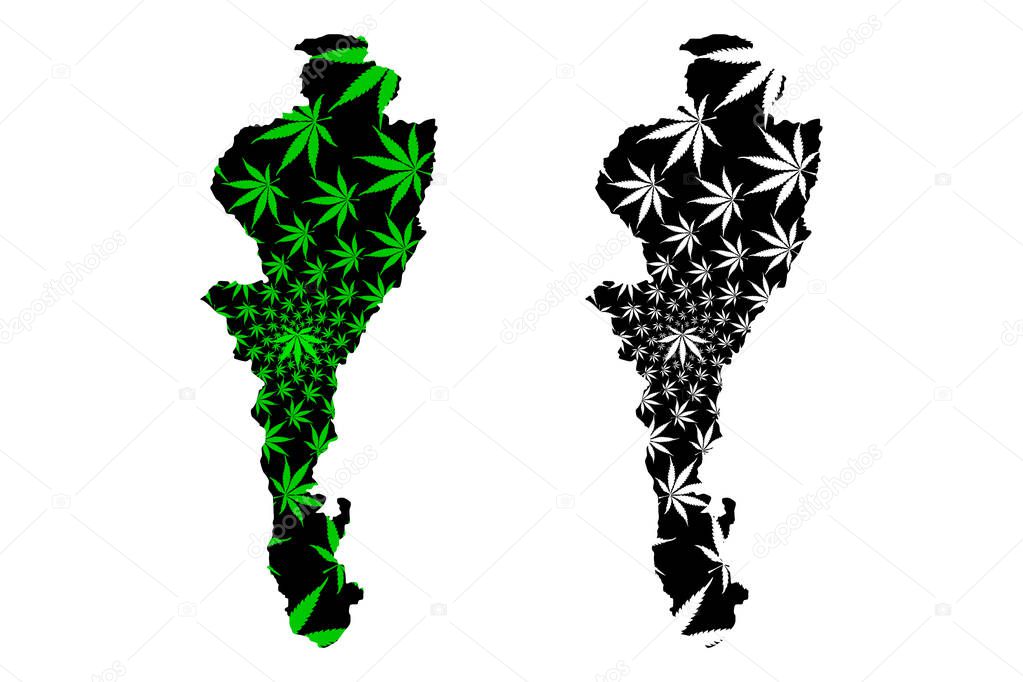 Cesar Department (Colombia, Republic of Colombia, Departments of Colombia) map is designed cannabis leaf green and black, Cesar map made of marijuana (marihuana,THC) foliag