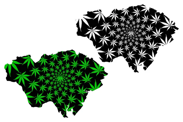 Mappa di Cardiff (Regno Unito, Galles, Cymru, Principali aree del Galles) è una mappa disegnata di foglie di cannabis verde e nera, città e contea di Cardiff fatta di foglie di marijuana (marijuana, THC) — Vettoriale Stock