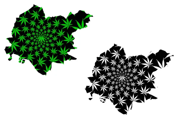 Clackmannanshire (United Kingdom, Scotland, Local government) map is designed cannabis leaf green and black, scribble sketch Clackmannanshire (Clacks.) hecho de marihuana (marihuana, THC) foliag — Vector de stock