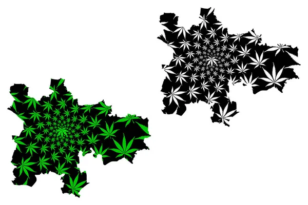 Glasgow (United Kingdom, Scotland, Local government in Scotland) map is designed cannabis leaf green and black, City and council área Glasgow map made of marijuana (marihuana, THC) foliag — Vector de stock