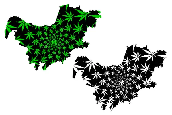 Província do Noroeste (República da África do Sul, divisões administrativas, RSA) mapa é projetado folha de cannabis verde e preto, mapa noroeste feito de maconha (maconha, THC) foliag — Vetor de Stock