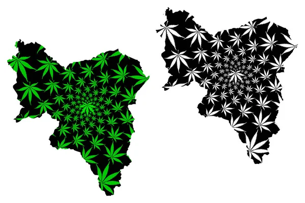 South Lanarkshire (Reino Unido, Escócia, Governo local na Escócia) mapa é projetado folha de cannabis verde e preto, South Lanarkshire mapa feito de maconha (maconha, THC) foliag — Vetor de Stock