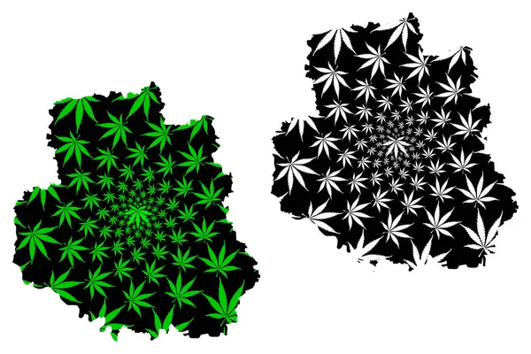 Vinnytsia Oblast (Divisiones administrativas de Ucrania, Oblastos de Ucrania) mapa está diseñado hoja de cannabis verde y negro, Vinnychyna mapa hecho de marihuana (marihuana, THC) foliag — Vector de stock