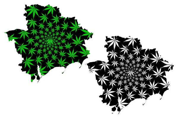 Zaporizhia Oblast (División administrativa de Ucrania, Oblastos de Ucrania) mapa está diseñado hoja de cannabis verde y negro, Zaporizhzhya mapa hecho de marihuana (marihuana, THC) foliag — Vector de stock