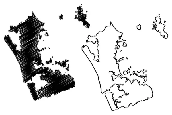 Região de Auckland (Regiões da Nova Zelândia, Ilha do Norte) mapa ilustração vetorial, rabisco esboço Auckland ma — Vetor de Stock