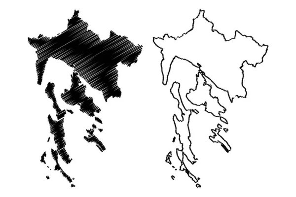 Primorje-Gorski Kotar County (condados da Croácia, República da Croácia) mapa ilustração vetorial, esboço de rabiscos Primorje Gorski Kotar (Krk, Cres, Losinj e ilha de Rab) mapa — Vetor de Stock